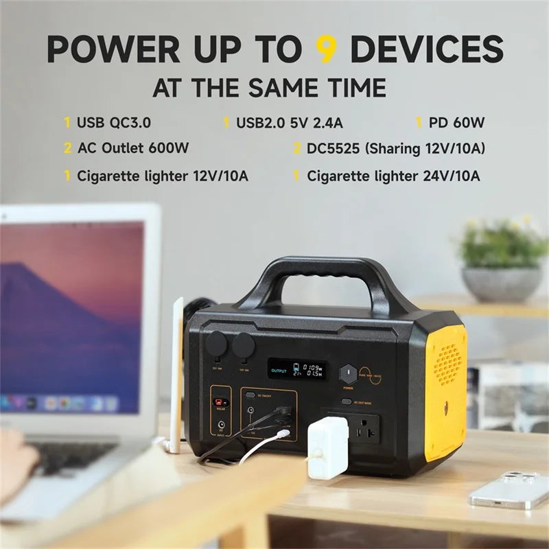 655Wh 600W Portable Generator Power Station 120V/60HZ AC Outlets for Outdoor Camping RV