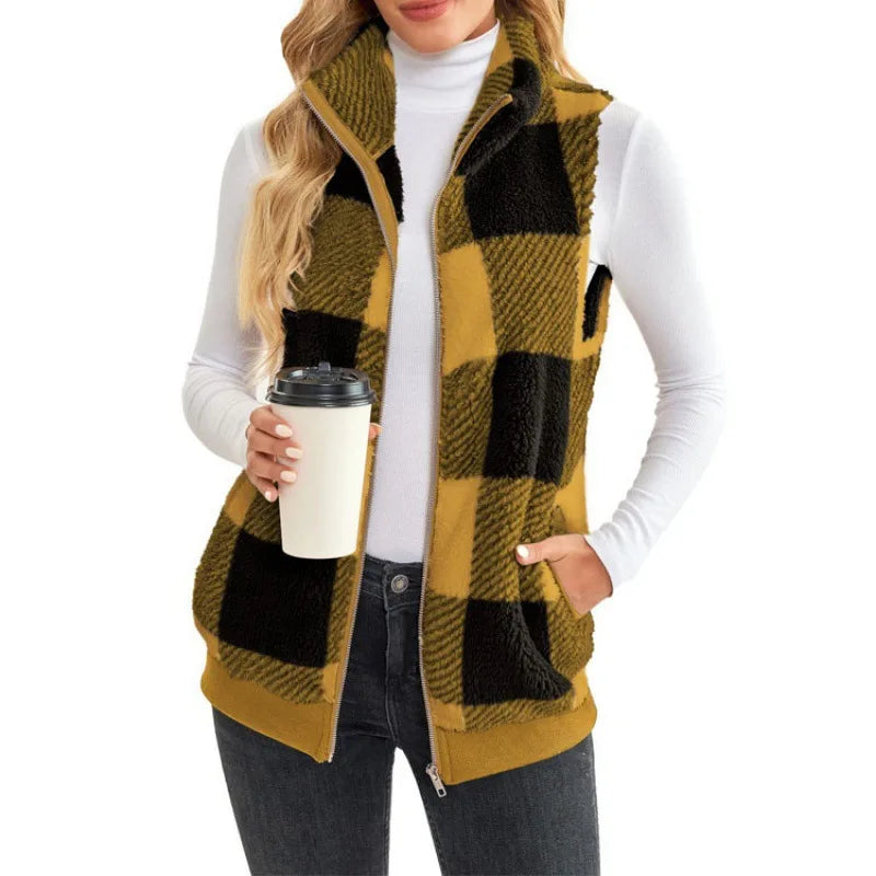 Autumn Winter Plaid Fleece Hoodie Vest Women's  Stand Collar Casual Pocket