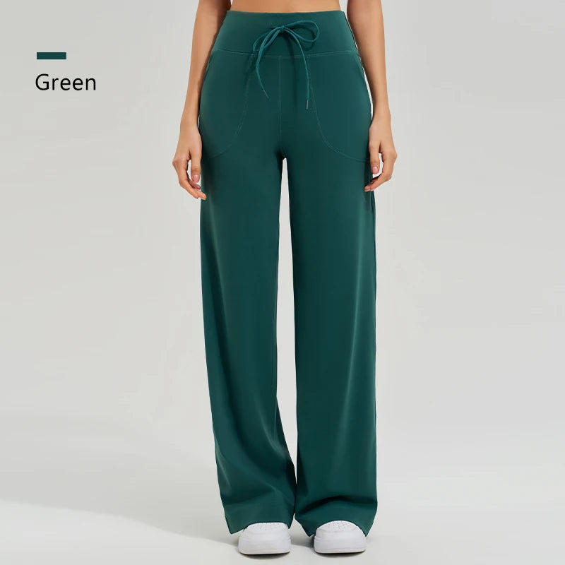 Women's High Waist Yoga Pants Gym Loose Running Pants Double Side Brushed with Pockets Pants Ties