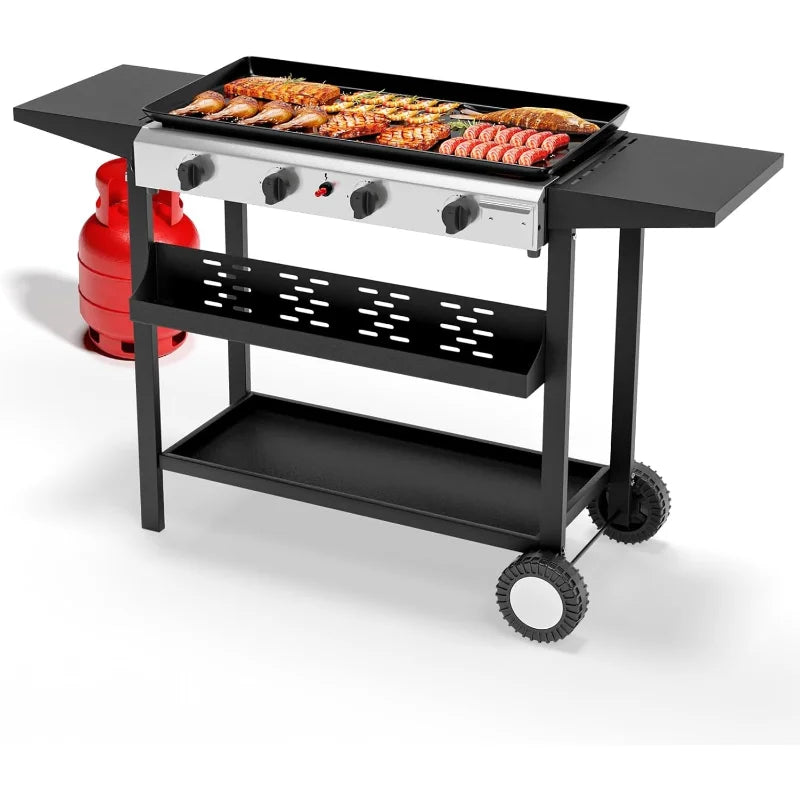 4 Burner Portable Propane Griddle with Nonstick Enameled Tray, 40000 BTU Rolling Flat Top Gas Grill with Electronic Ignit