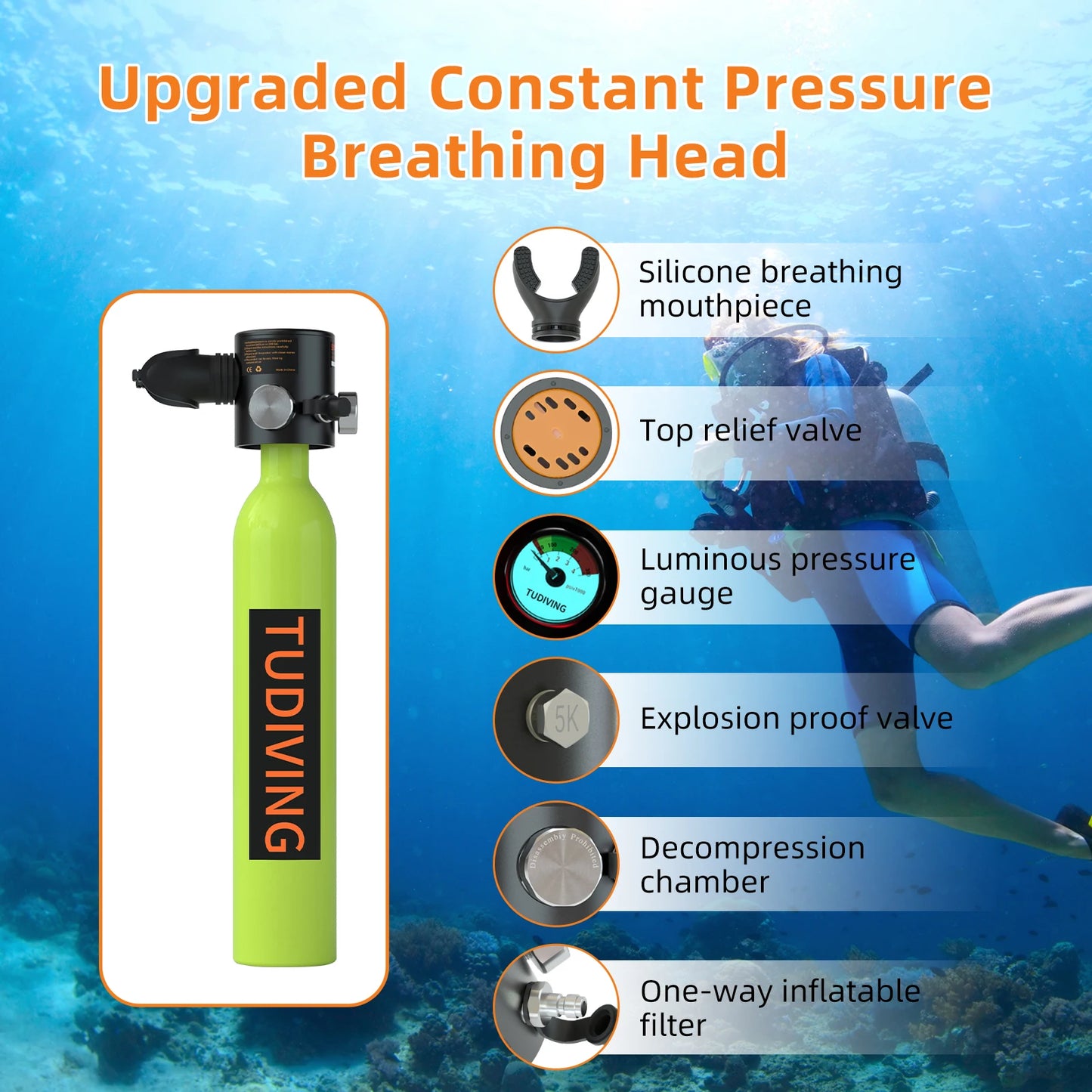 TUDIVING-0.5L Scuba Diving Tank Set,Mini Oxygen Cylinder with Full Face Mask,Portable Travel Diving Kit