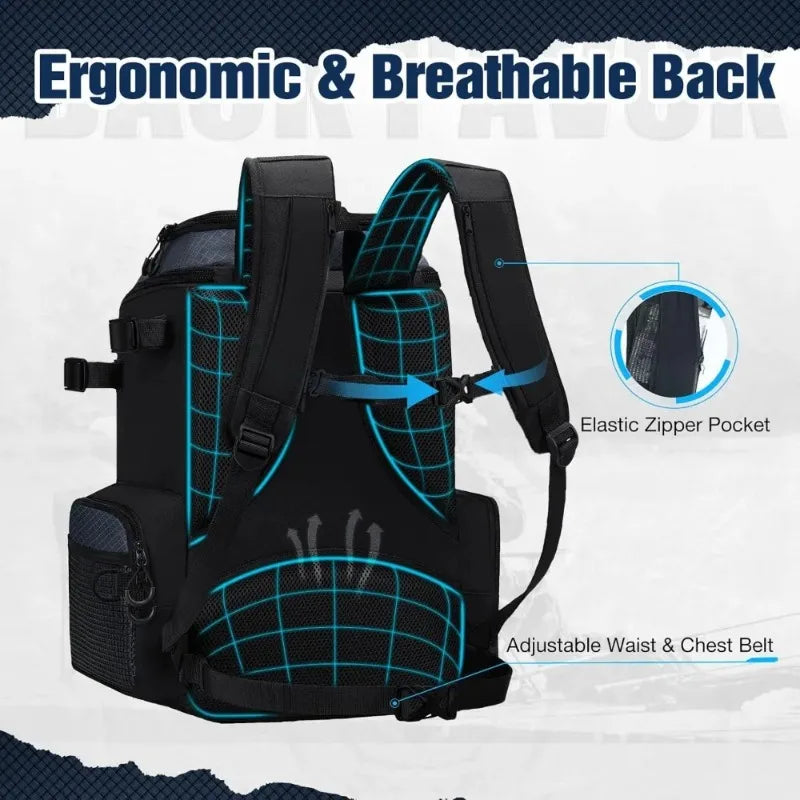 Fully upgraded Fishing Tackle Backpack with Rod Holders & 4 Tackle Boxes, with Waterproof Rain Cover