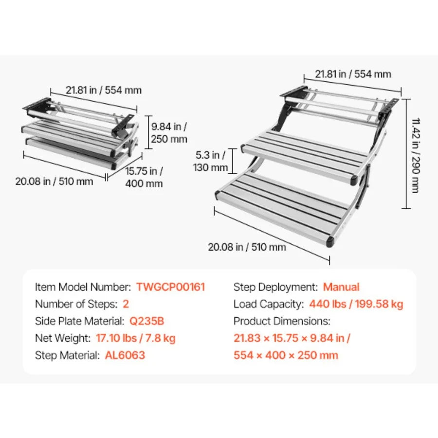 RV Steps, 2-Step, 440 lbs Load Capacity, Manual Retractable RV Stairs, Telescopic Folding Aluminum Alloy Camper Steps, Steel Frame Non-Slip Entry Stairs for Camper Van Motorhome Travel Trailer