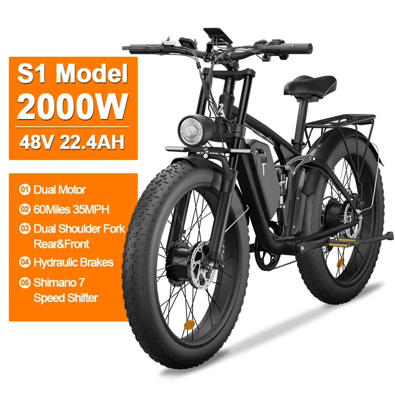 Zgeer F1 48v 2000w ebike full suspension power bicycle with ce 26 inch fat tire hidden dual battery