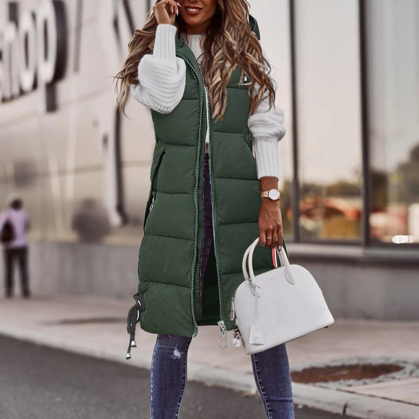 Winter Fashion Women Hood Thick Cotton Parkas Mid-length Long Down Jacket Vest