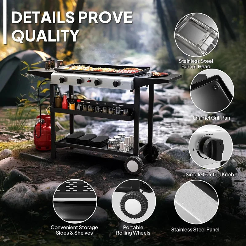 4 Burner Portable Propane Griddle with Nonstick Enameled Tray, 40000 BTU Rolling Flat Top Gas Grill with Electronic Ignit