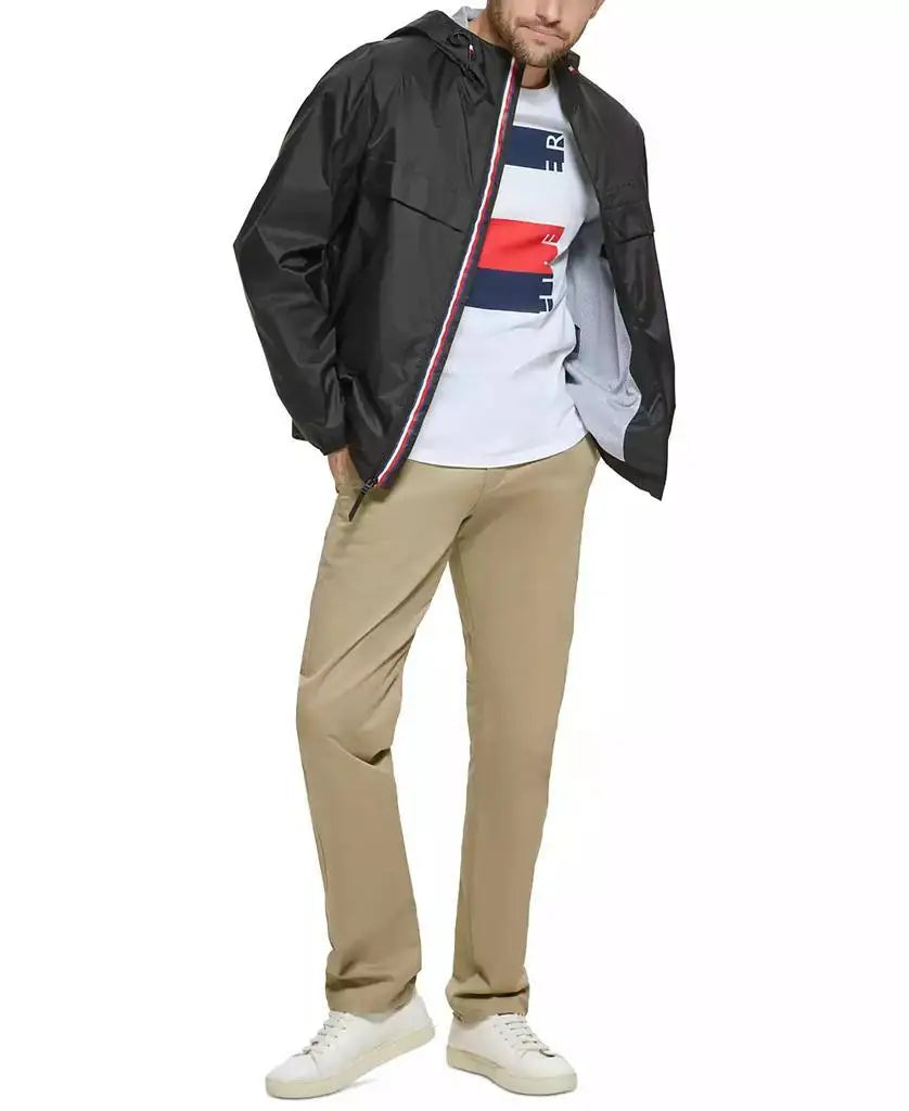 Tommy Hilfiger Men's Water-Resistant Running Jacket with Hood Zip-Front Outdoor Sportswear Design