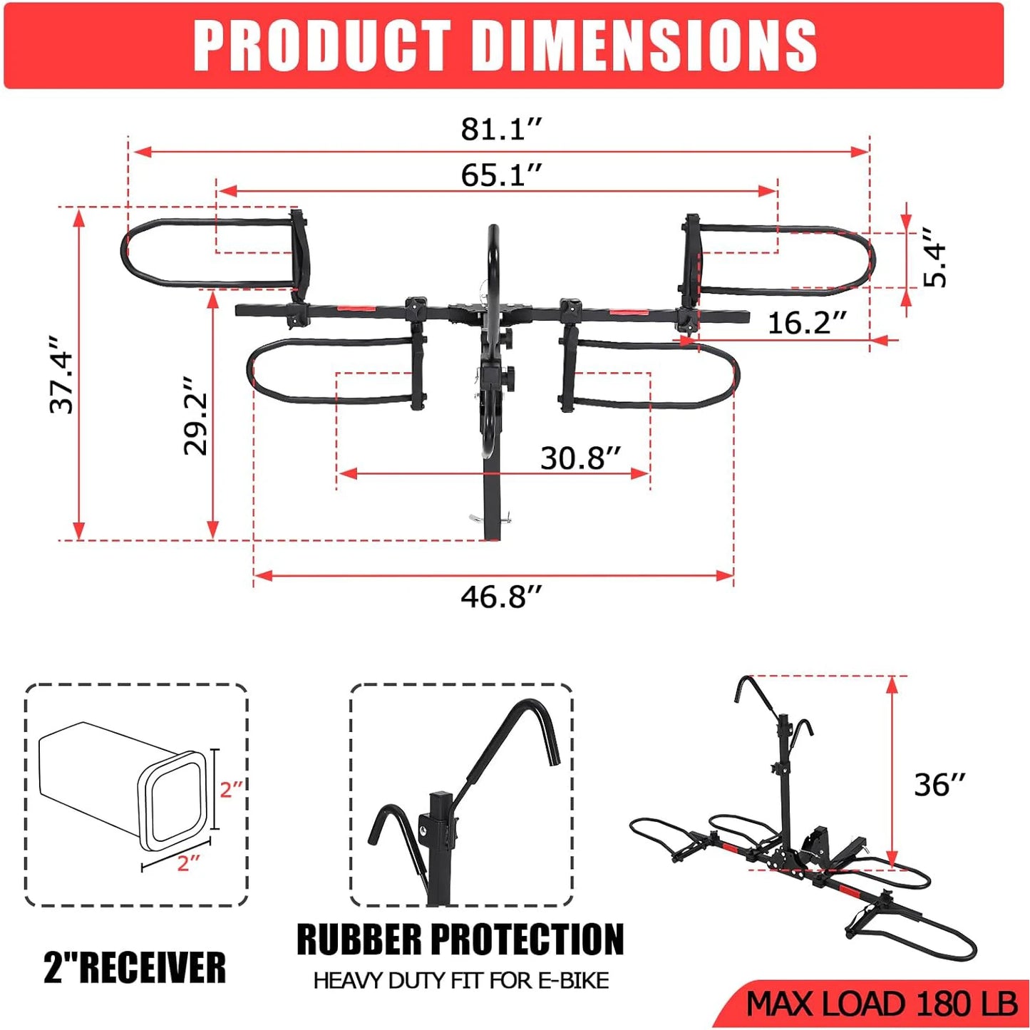 Bike Rack Tow Hitch Mount 2 Bike Heavy Duty Car Bicycle Racks for Trailer Hitch Car SUV Truck E Bike Rack with Straps