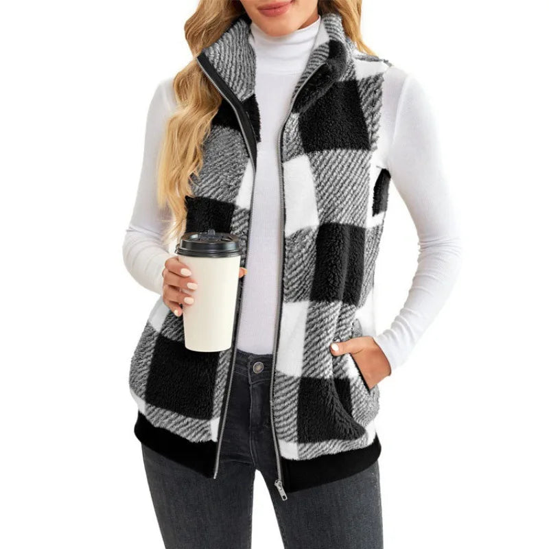 Autumn Winter Plaid Fleece Hoodie Vest Women's  Stand Collar Casual Pocket