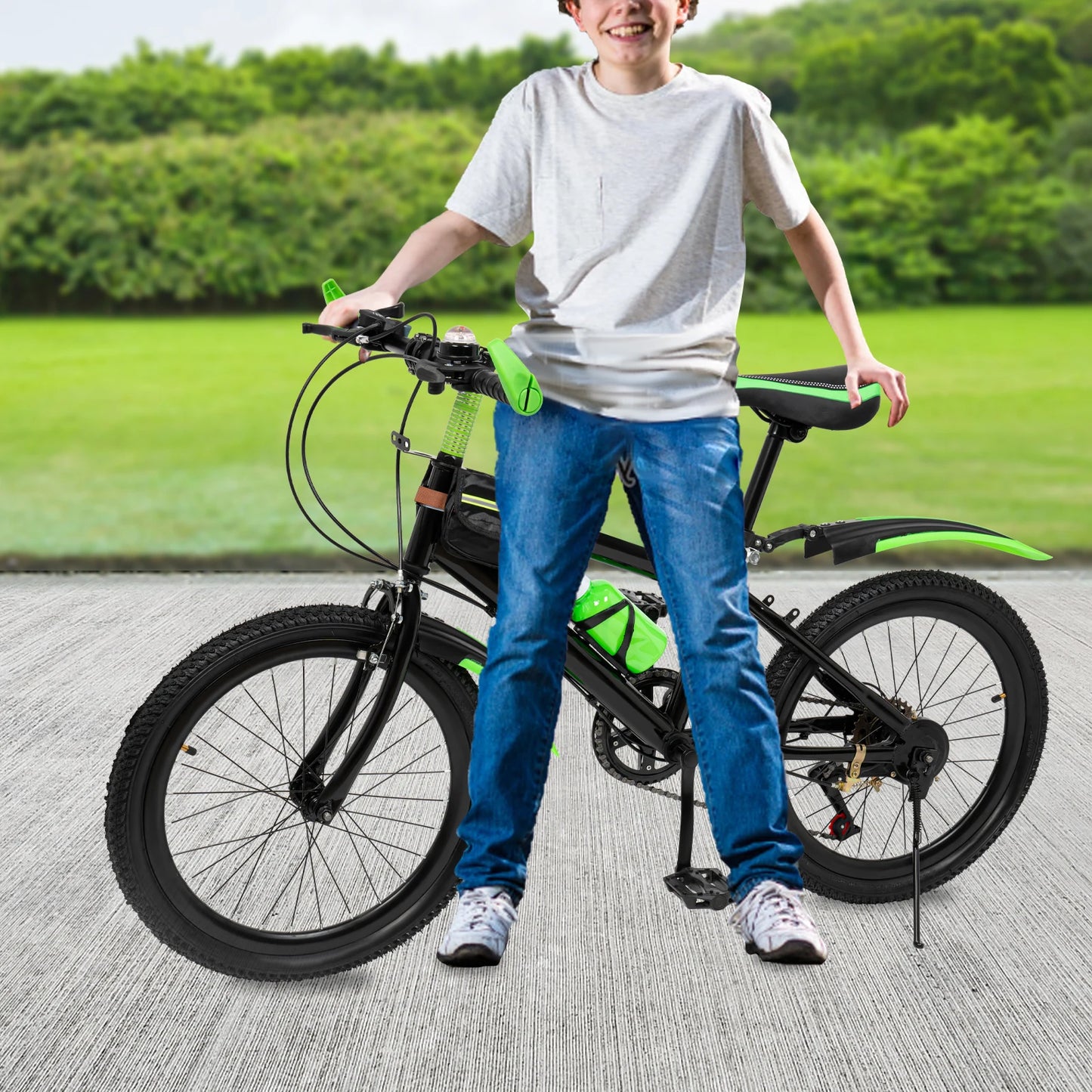 20 Inch Kids Mountain Bike,with Front and Rear Dual Brake,Height Adjustable Bicycle w/ Kettle and Holder & Compass Bell, Bicycle for Girls Boys Kids(Green)