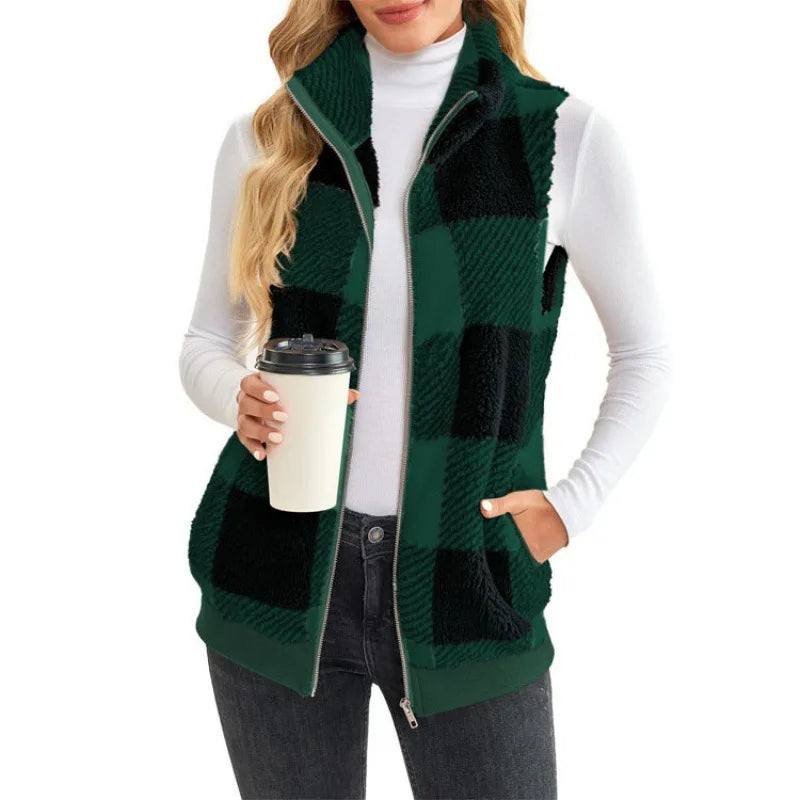 Autumn Winter Plaid Fleece Hoodie Vest Women's  Stand Collar Casual Pocket