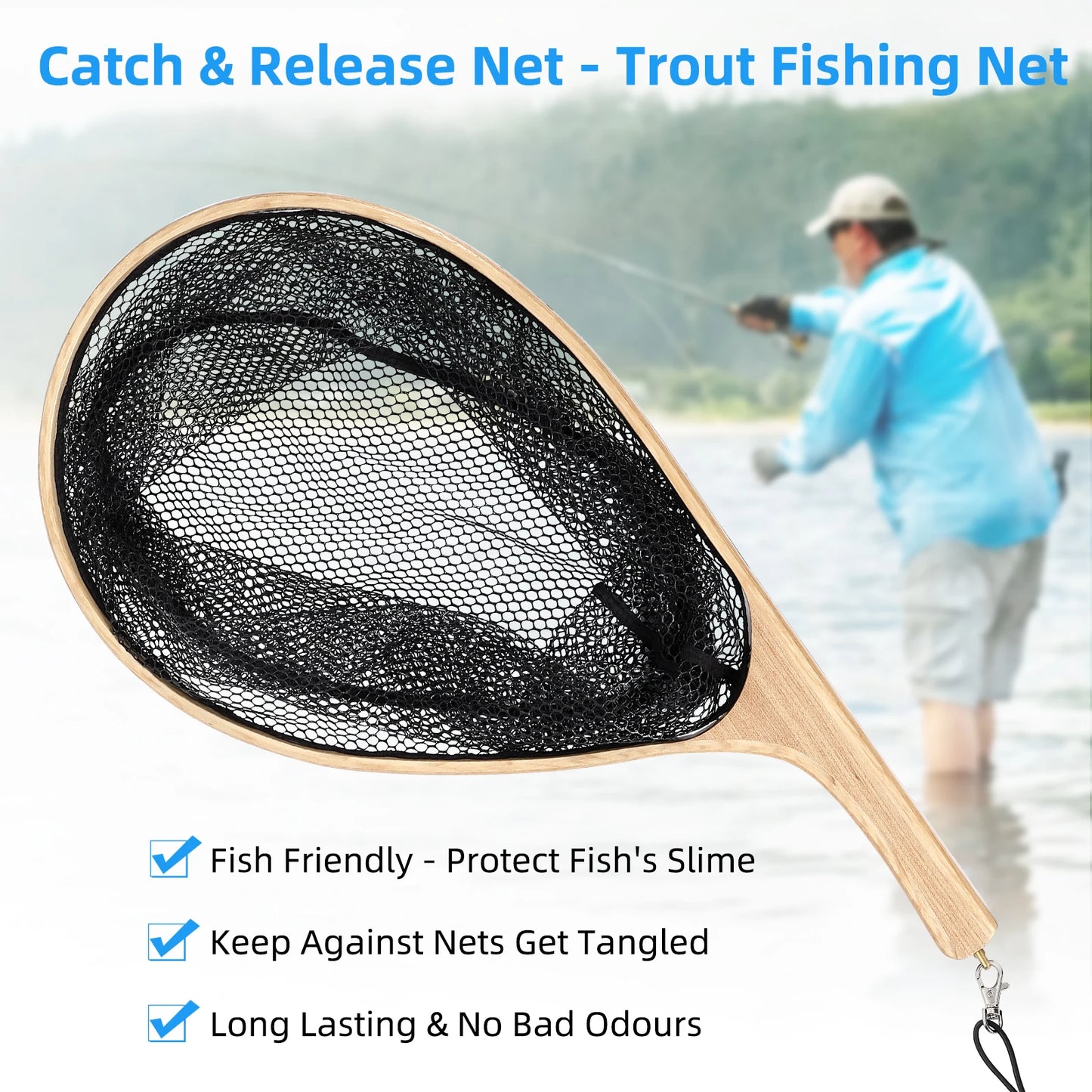 Fly Fishing Landing Net Curved Handle, Black Deep Net Freshwater Fishing Small Mesh