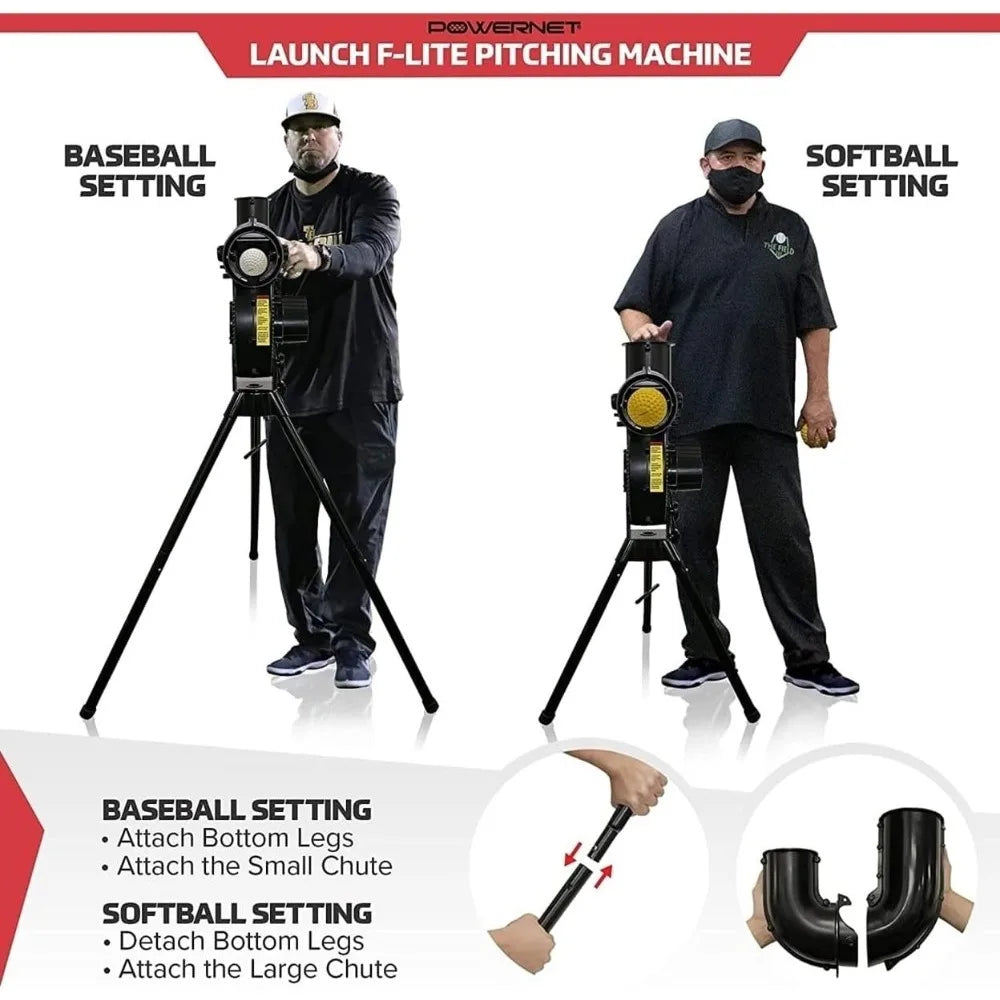 Launch F-lite Softball & Baseball Pitching Machine, Dimpled Practice Balls, Bucket of Baseballs