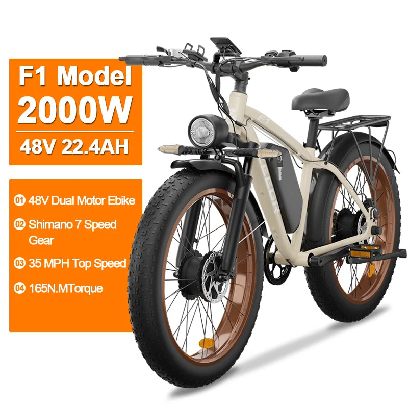 Zgeer F1 48v 2000w ebike full suspension power bicycle with ce 26 inch fat tire hidden dual battery