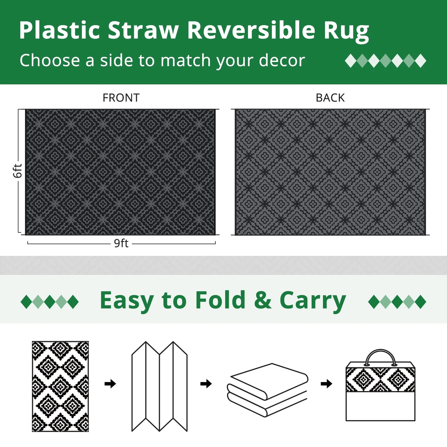 Outdoor Camping Rug Waterproof 6x9FT Reversible Stain&UV Resistant Plastic Straw RV Rug Carpet Mat with Portable Bag&4 Stakes