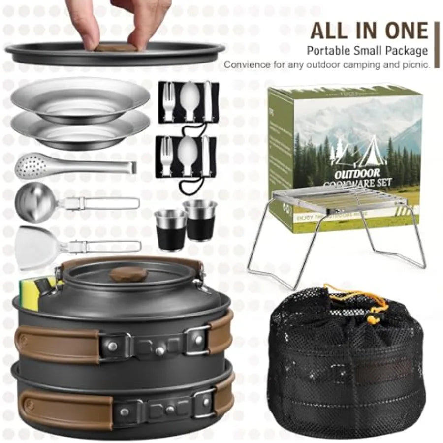 18Pcs Camping Cookware Mess Kit, 7.8" Nonstick Camp Cooking Utensil Set Pot, Pan, Kettle, Grill Grate,Outdoor Backpacking Gear
