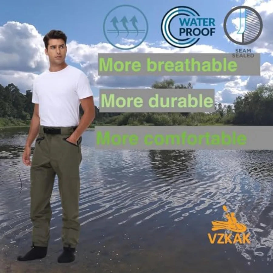 Fishing Waders for Men and Women, Wading Pants with Neoprene Stocking Foot, Fishing Waist Waders Pants with Pockets
