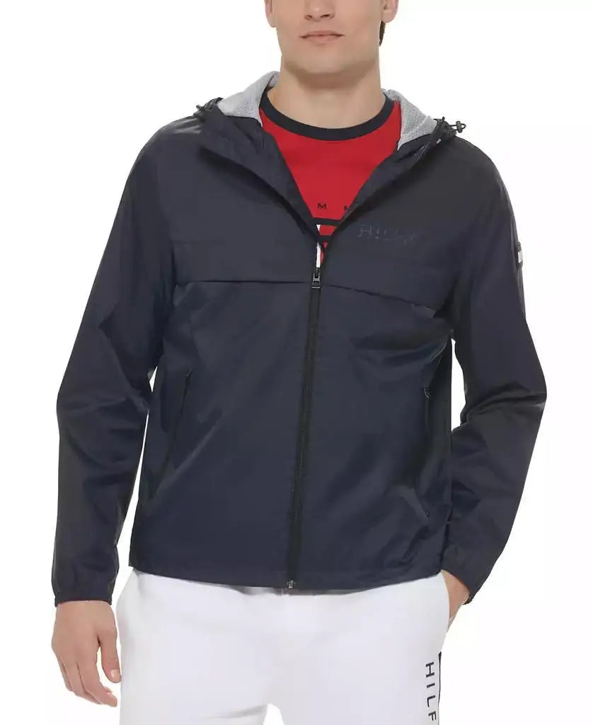 Tommy Hilfiger Men's Water-Resistant Running Jacket with Hood Zip-Front Outdoor Sportswear Design