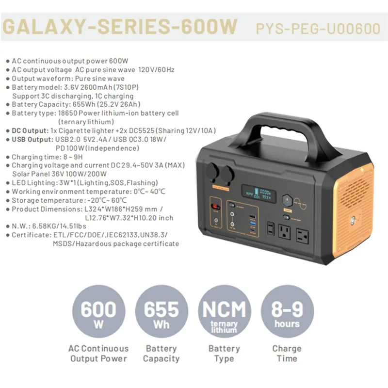 655Wh 600W Portable Generator Power Station 120V/60HZ AC Outlets for Outdoor Camping RV