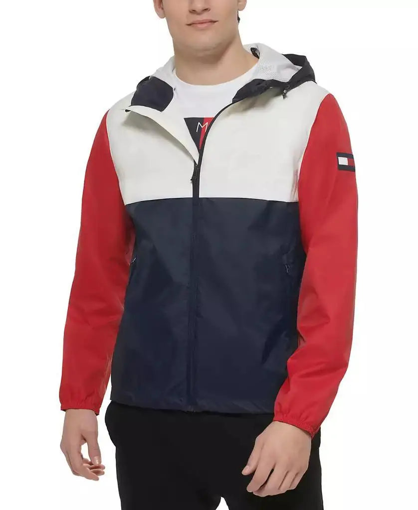 Tommy Hilfiger Men's Water-Resistant Running Jacket with Hood Zip-Front Outdoor Sportswear Design