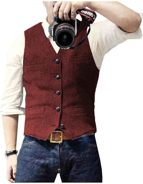 Men's Vest  Wool Herringbone Tweed Casual Waistcoat Business Vest Green/Black/Brown/Coffee