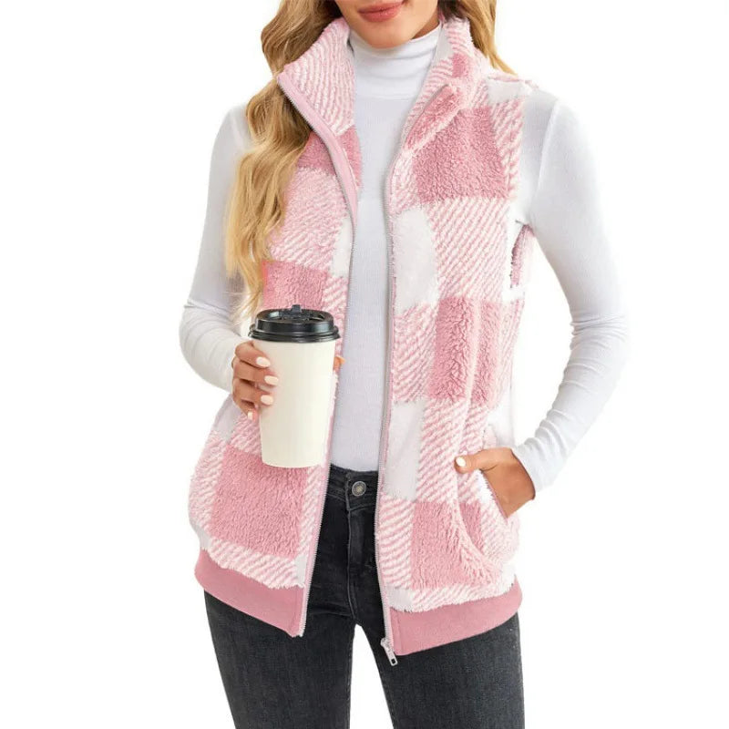 Autumn Winter Plaid Fleece Hoodie Vest Women's  Stand Collar Casual Pocket