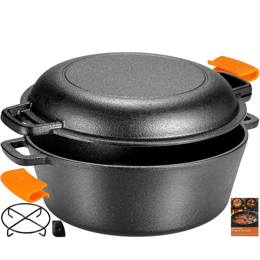Pre-Seasoned Cast Iron Double Dutch Oven With Loop Handles, 5.1 Quart Pot + 1.9 Quart Lid - Cast Iron Dutch Oven with Lid