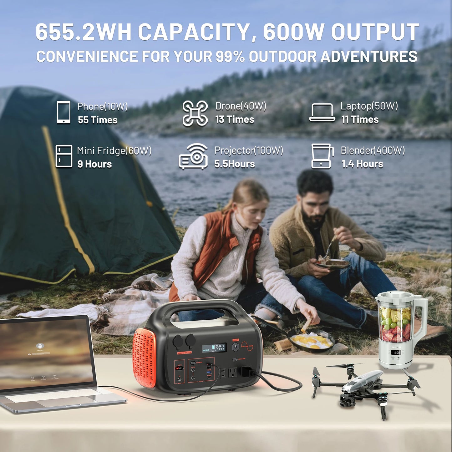 600W Portable Generator Power Station AC Outlets for Outdoor Camping RV Home Emergency