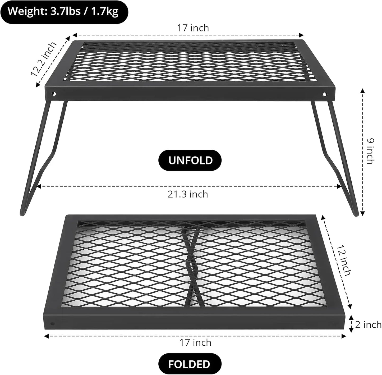 Folding Campfire Grill, Heavy Duty Steel Mesh Grate, Over Fire Pit,