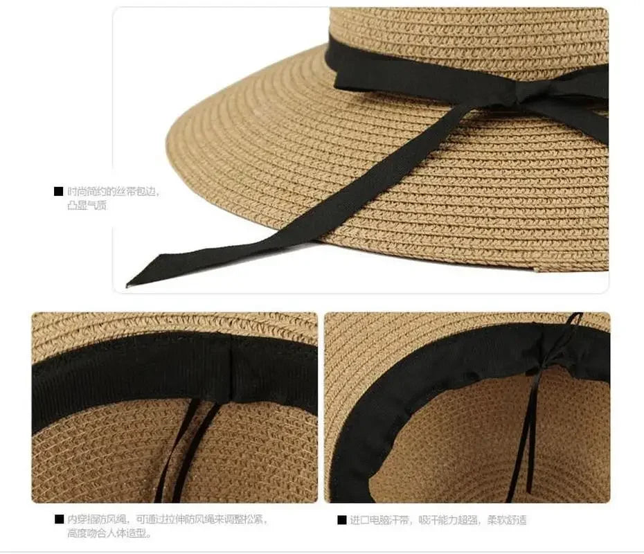 Wide Brim Bowknot Ribbon Straw Sun Hats for Women UV Protection Foldable Beach Hat