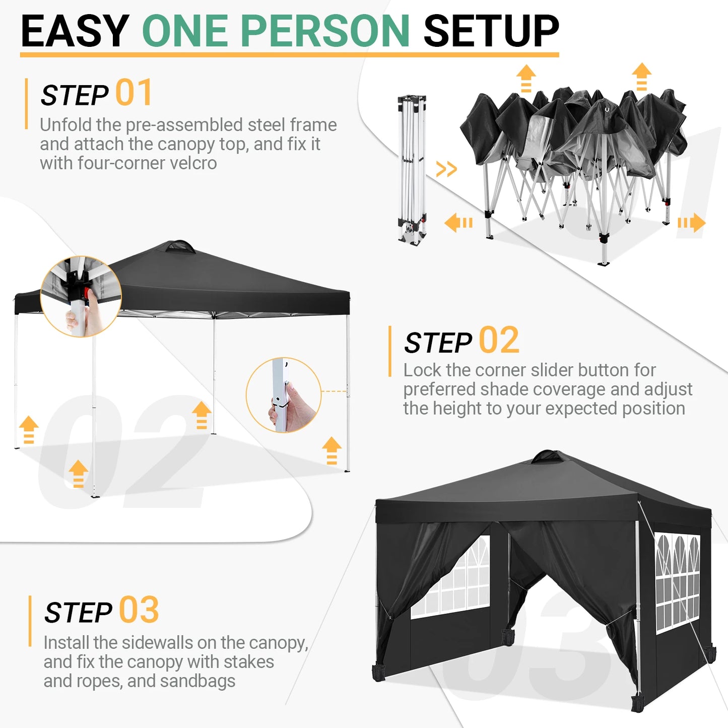 10x10 Pop Up Canopy Tent with 4 Removable Sidewalls, Waterproof Commercial Gazebo Tent with Air Vent, 4 Sandbags, Carry Bag