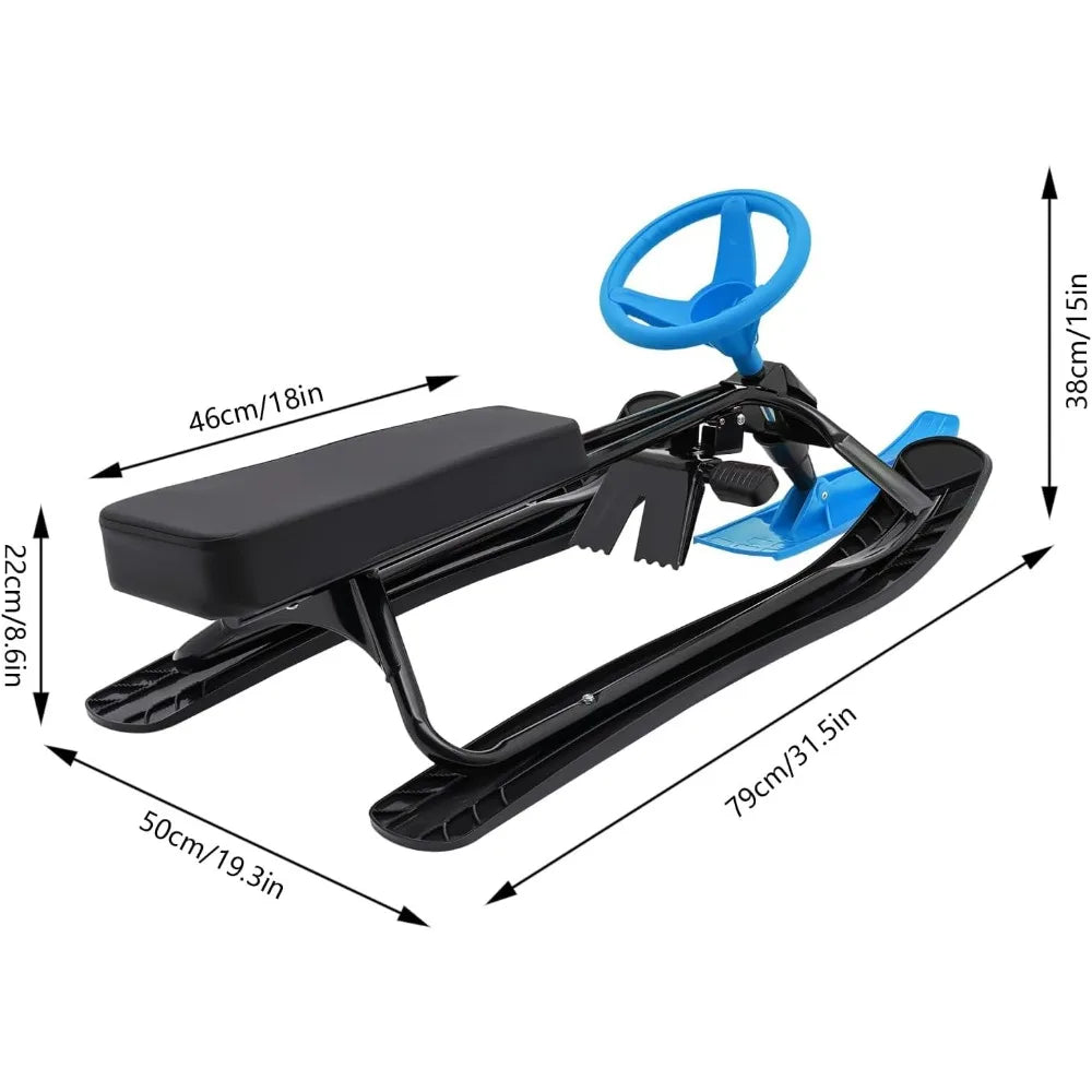 Snow Racer Sled Winter Ski Sled for Kids Snow Sled with Steering Wheel & Twin Brakes Great Weight Capacity of 220 LBS