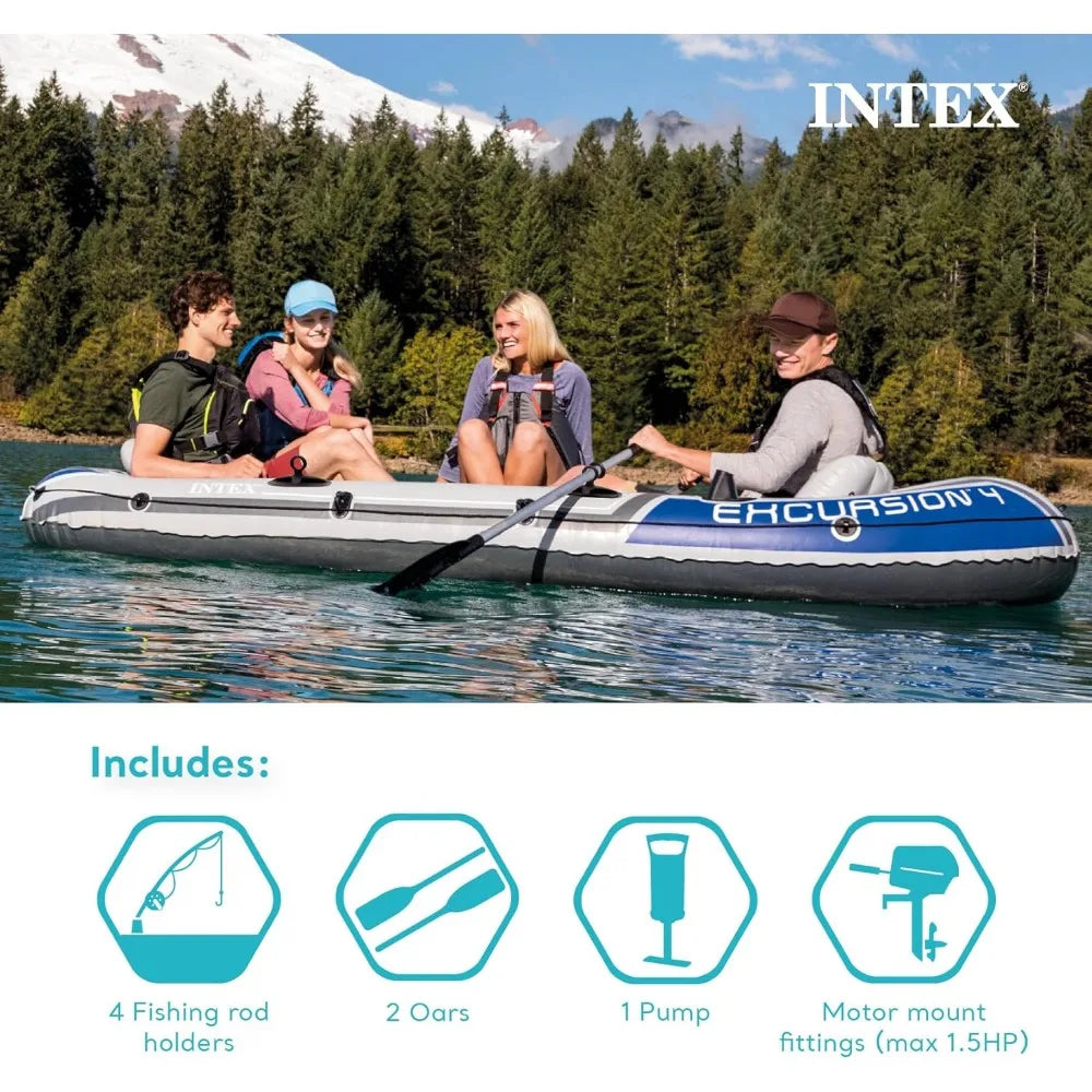 Excursion 5 Person Inflatable Boat Set with 2 Aluminum Oars, Pump, 12V Transom Mount Trolling Motor, and Motor Mount Kit