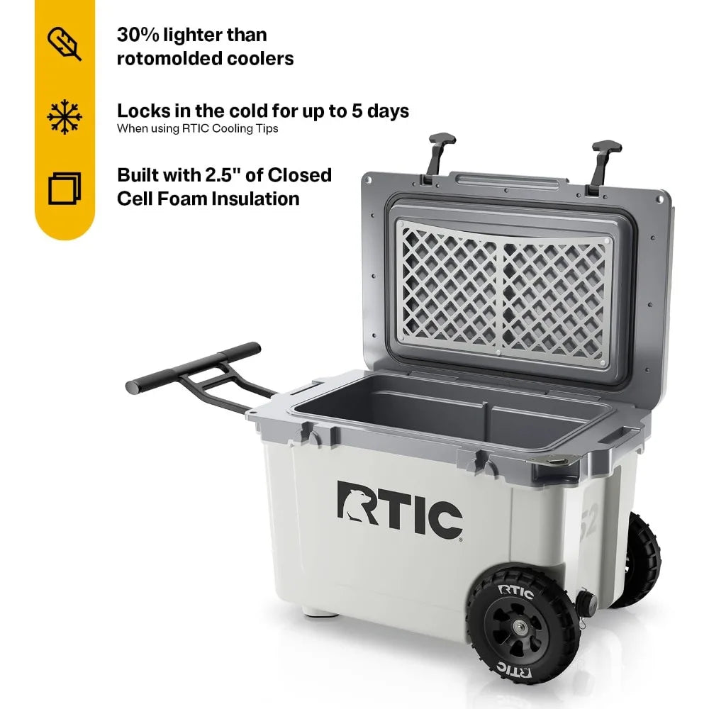 52 Quart Ultra-Light Wheeled Hard Cooler Insulated Portable Ice Chest Camping, Picnic, Fishing
