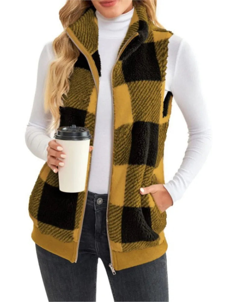 Autumn Winter Plaid Fleece Hoodie Vest Women's  Stand Collar Casual Pocket