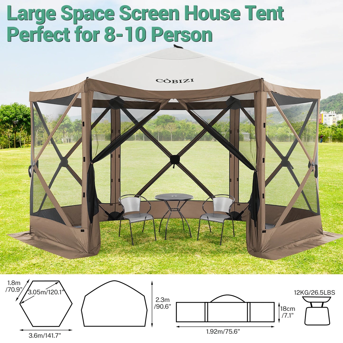12x12ft Pop up Gazebo Screen Tent with Mosquito Netting, 6 Sided Pop-up Canopy Shelter Tent