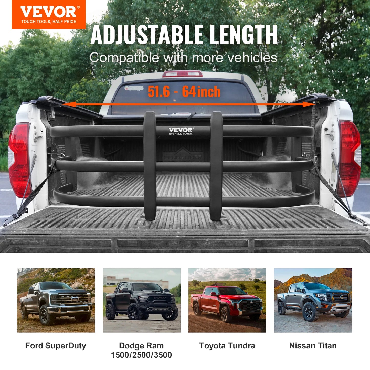 VEVOR Truck Bed Extender Aluminum Retractable Tailgate Extender 51.6"-64"/55.5"-68" Adjustable Length