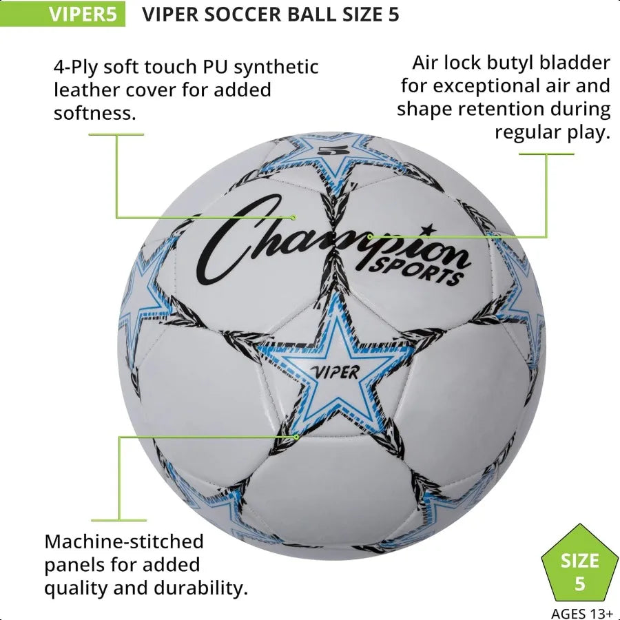 Champion Sports Viper Soccer Ball Synthetic Leather Youth  & Adult Sizes 3 4 5