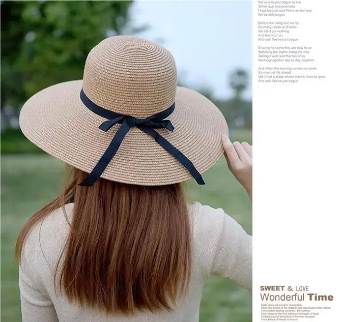 Wide Brim Bowknot Ribbon Straw Sun Hats for Women UV Protection Foldable Beach Hat