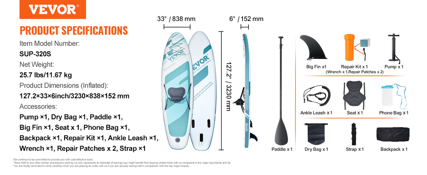 VEVOR Inflatable Stand Up Paddle Board 10' x 33" x 6" /10.6' x 33" x 6" Wide SUP Paddleboard with Removable Kayak Seat Paddle