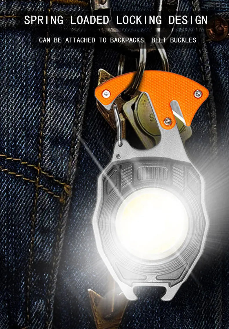 Multi-functional keychain flashlight, mini tool, bottle opener for outdoor camping and hiking, life whistle, multi light mode po
