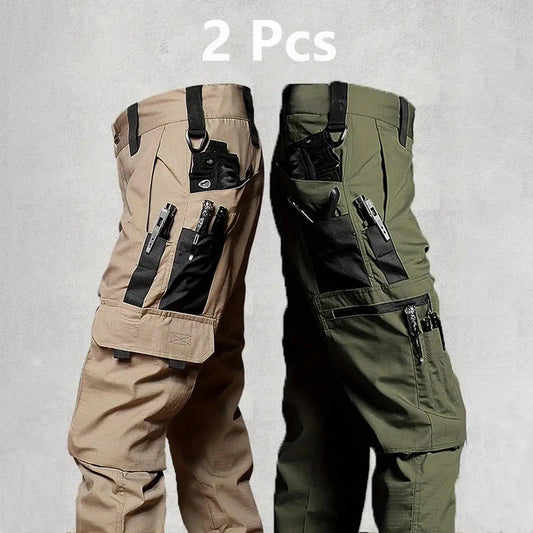 2Pcs  Men's Winter Pants Outdoor Work Casual Cargo Trousers Waterproof Multi-pocket Wear-Resistant Outdoor Training Trousers