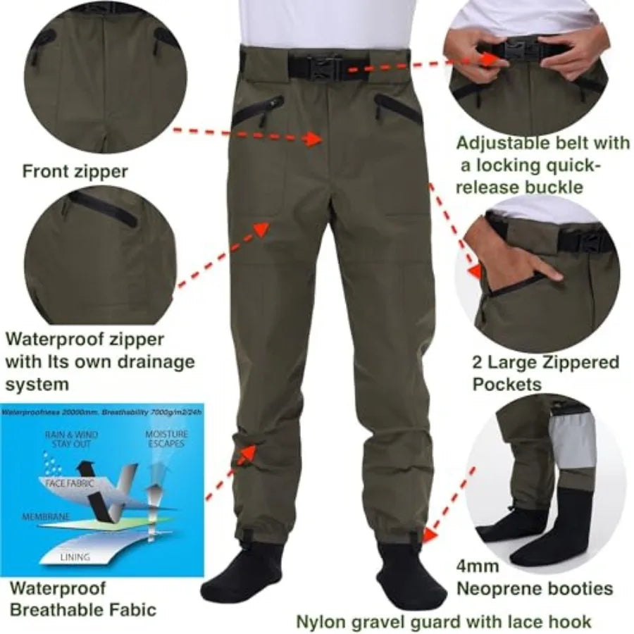 Fishing Waders for Men and Women, Wading Pants with Neoprene Stocking Foot, Fishing Waist Waders Pants with Pockets