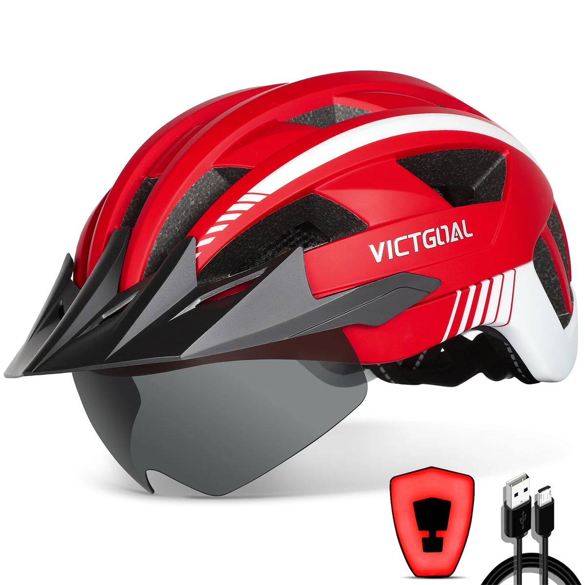 VICTGOAL Adults Mountain Bike Helmets with Goggles Visor Men Women USB Rear Light Bicycle Safety Caps Road Bike Electric Scooter Cycling Helmets