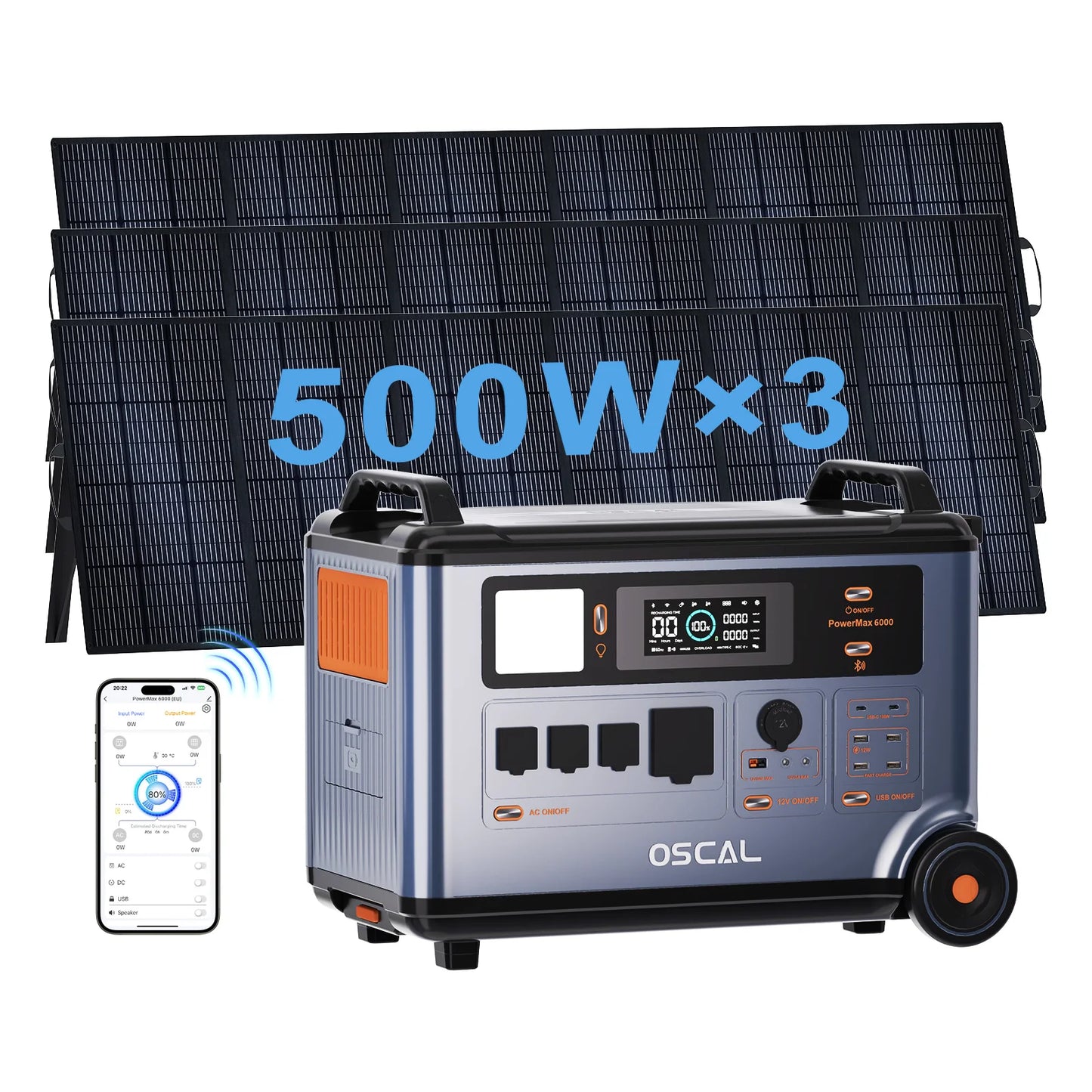 OSCAL PowerMax6000 Portable Power Station With 500W Solar Panel,6000W Continuous 9000W Peak,LiFePO4 Battery,2200W AC 2400W Solar Fast Charging,APP Monitor,Emergency Power Backup for Home,Camper,Outdoor Blackout