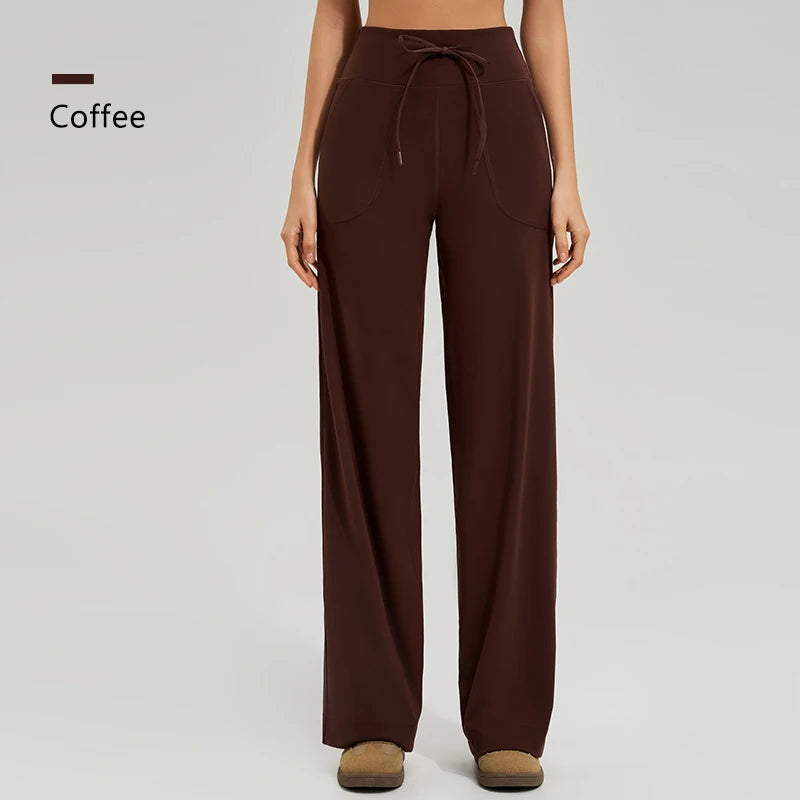 Women's High Waist Yoga Pants Gym Loose Running Pants Double Side Brushed with Pockets Pants Ties