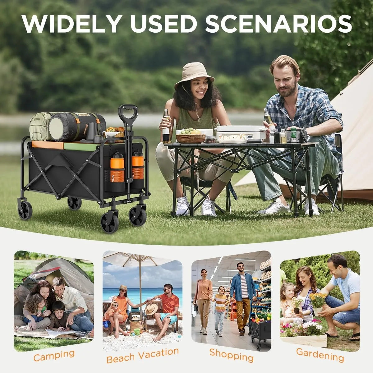 380LBS Capacity Folding Garden Wagon, Heavy Duty Utility Cart with Adjustable Handle, Portable All-Terrain Outdoor Camping Grocery Canvas Cart