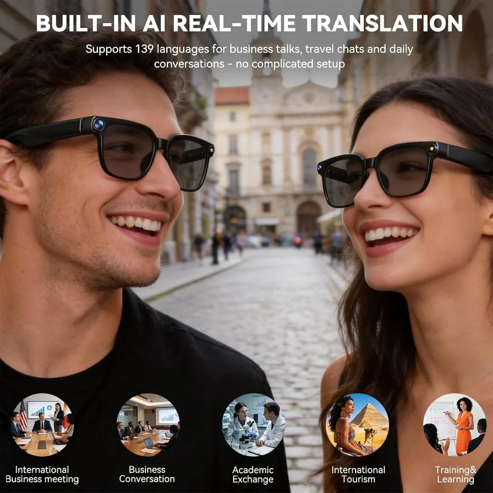 8MP Camera Glasses, 1080P Video, Real-Time Translation, Voice Assistant, Object Recognition, Bluetooth, Unisex