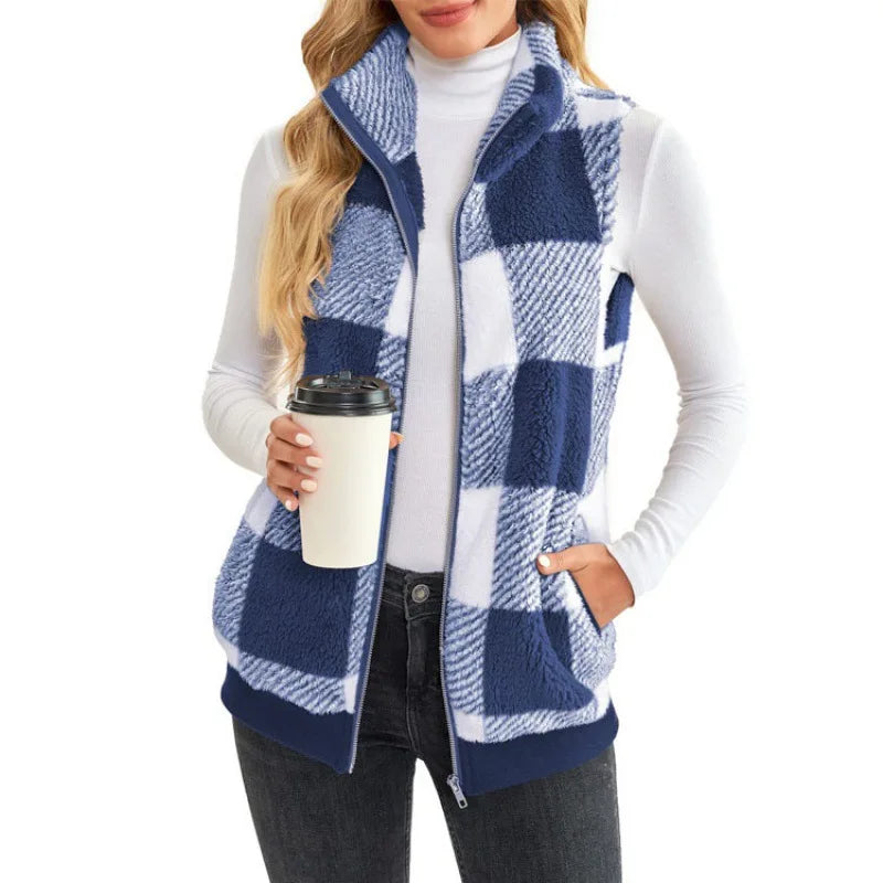 Autumn Winter Plaid Fleece Hoodie Vest Women's  Stand Collar Casual Pocket