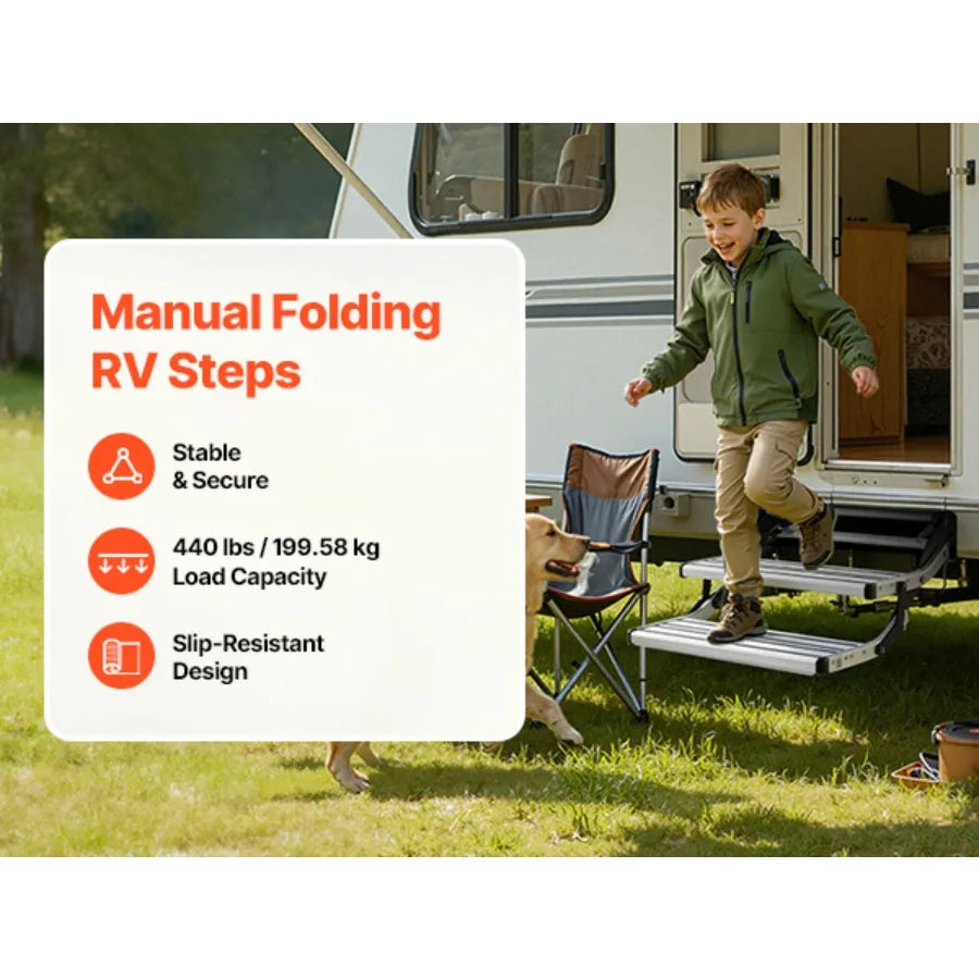 RV Steps, 2-Step, 440 lbs Load Capacity, Manual Retractable RV Stairs, Telescopic Folding Aluminum Alloy Camper Steps, Steel Frame Non-Slip Entry Stairs for Camper Van Motorhome Travel Trailer